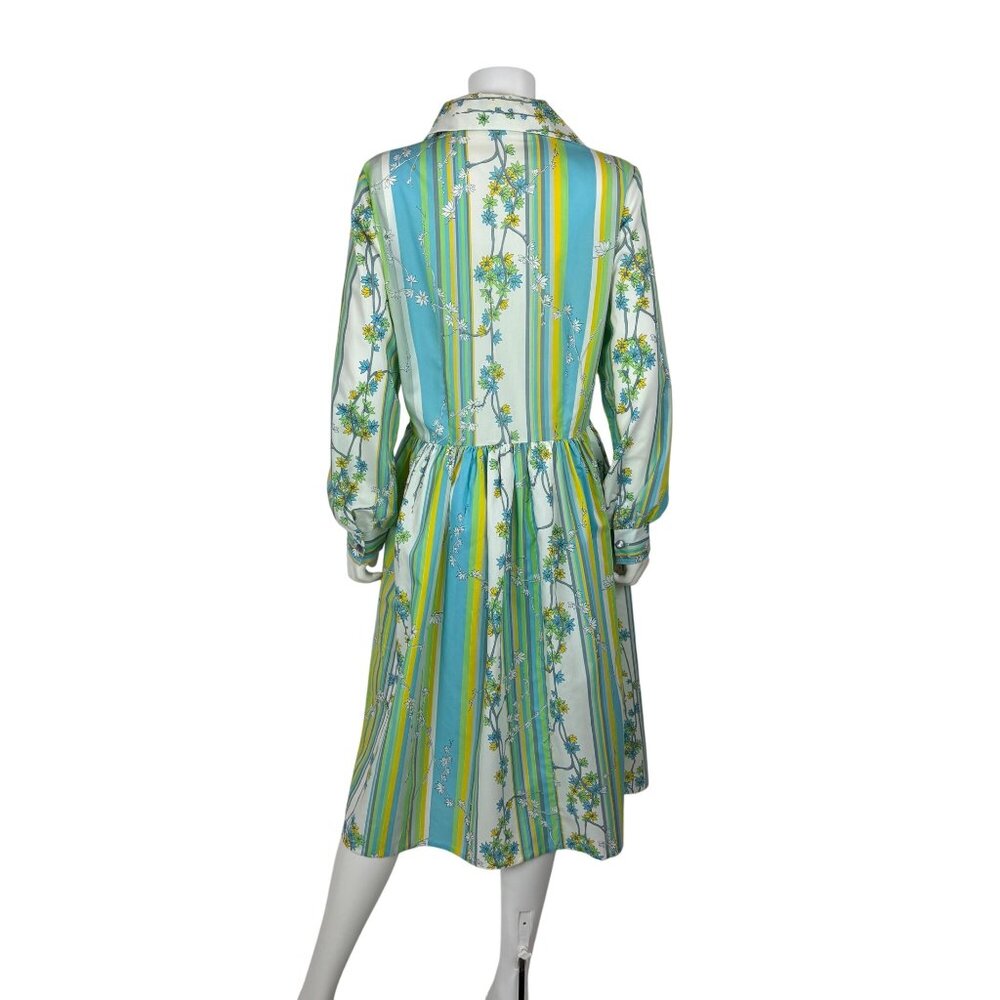 Vintage 60s Striped Dress Womens Large Blue Green Colorful Spring Shirtdress - Picture 8 of 13